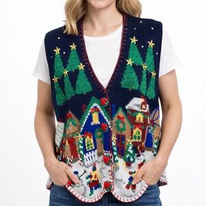 Belle Pointe Vintage NWT Women Size M Navy Christmas Village Sweater Vest Winter